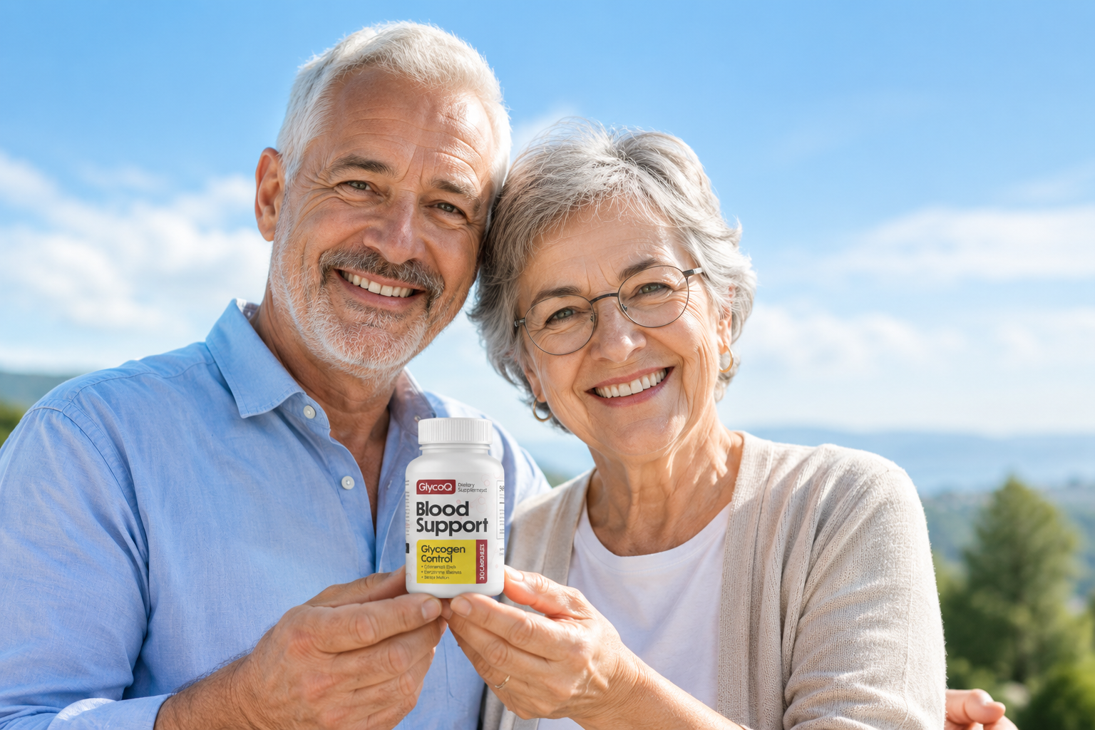 Couple holding a GlycoQ Blood Support supplement bottle outdoors